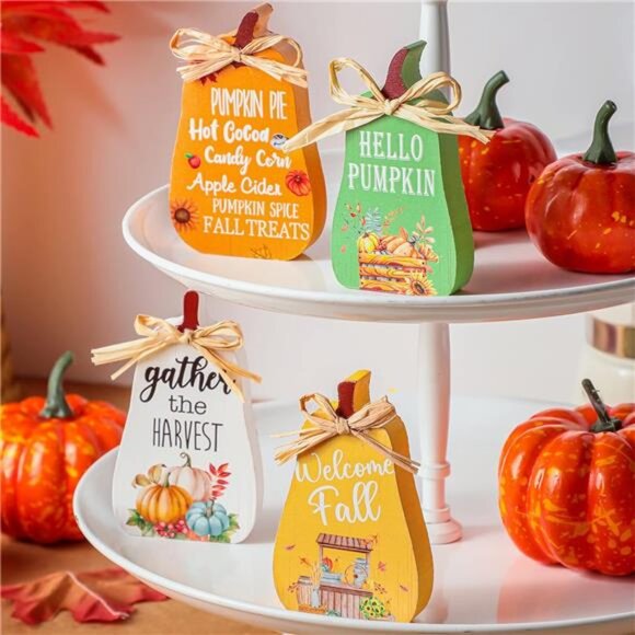 New 4pcs Fall Tiered Tray Decor - Rustic Pumpkins & Signs for Thanksgiving Table - Picture 7 of 8